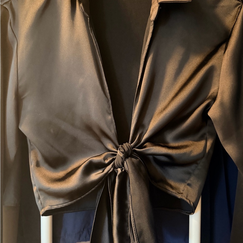 Zara Satin Knot-Front Crop Top in Black